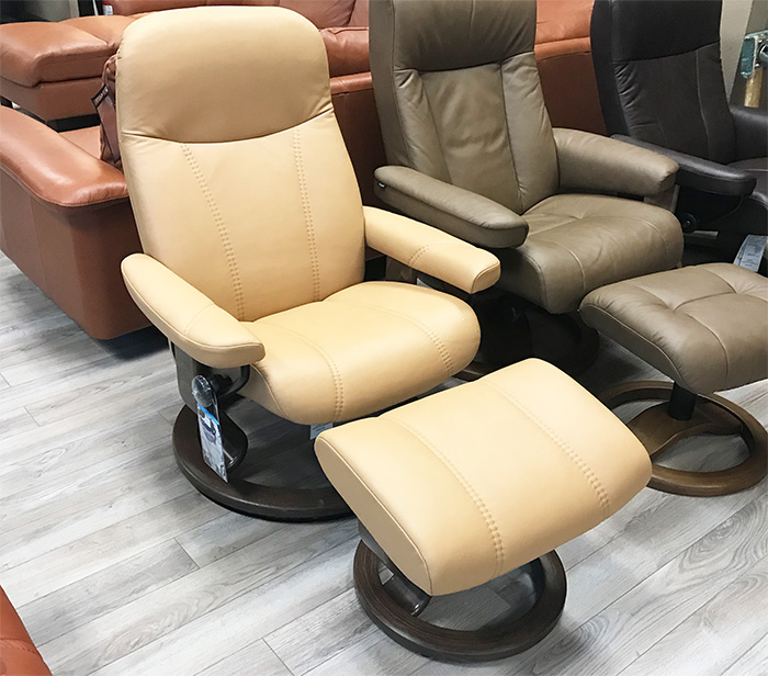 Stressless Consul Recliner Chair and Ottoman in Paloma Pearl Leather by Ekornes