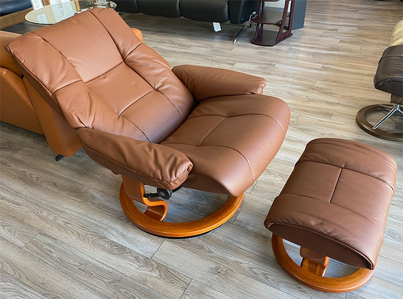 Stressless Mayfair Classic Base Batick Malt Brown Leather Recliner Chair and Ottoman by Ekornes