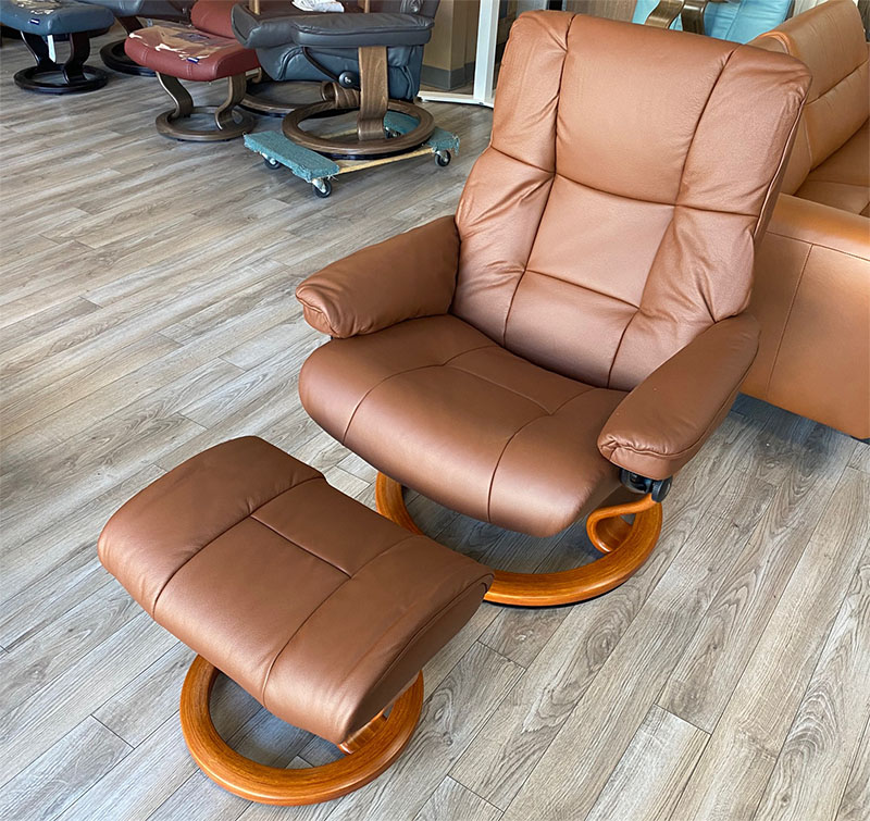Stressless Mayfair Classic Base Batick Malt Brown Leather Recliner Chair and Ottoman by Ekornes