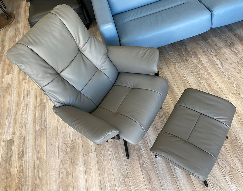 Stressless Mayfair Cross Matte  Black Base with Paloma Metal Grey Leather  Recliner Chair and Ottoman - Brown Wood Stain Base