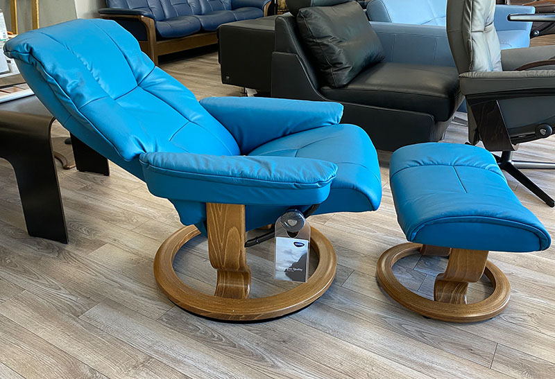 Stressless Mayfair Classic Base Paloma Crystal Blue Leather Recliner Chair and Ottoman by Ekornes