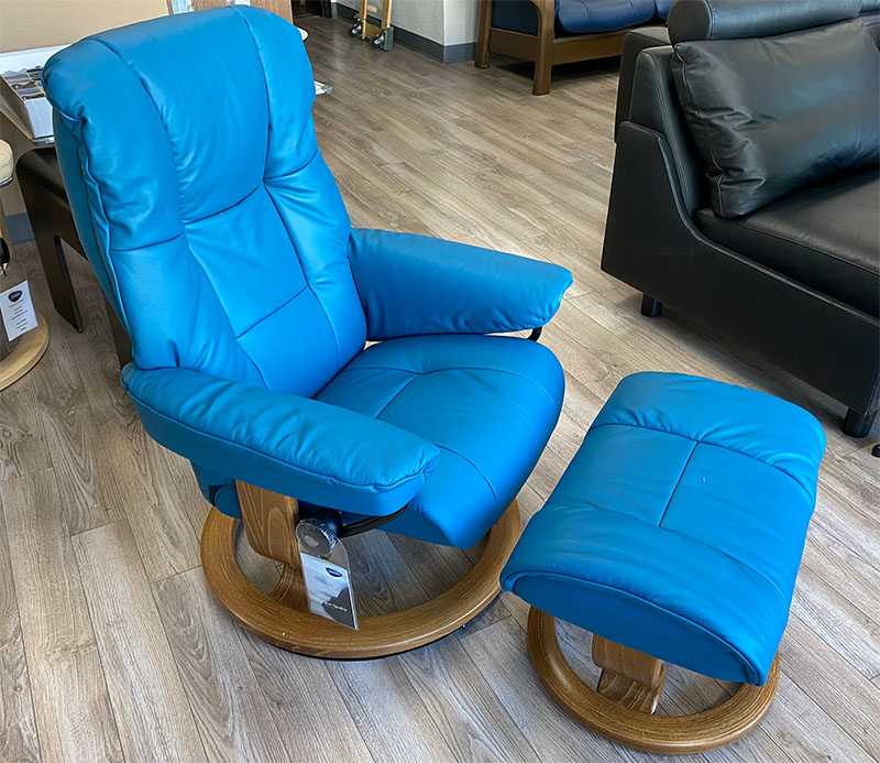 Stressless Mayfair Classic Base Paloma Crystal Blue Leather Recliner Chair and Ottoman by Ekornes