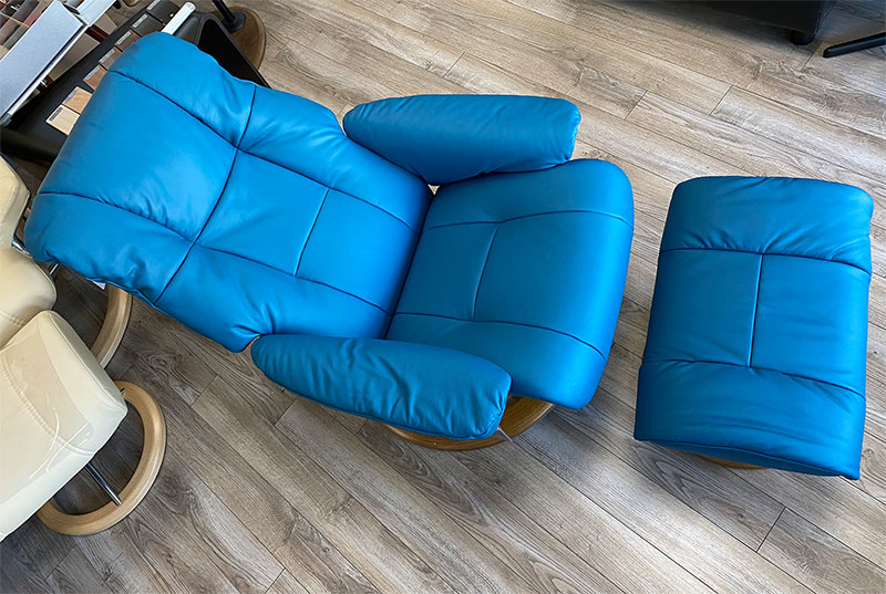 Stressless Mayfair Classic Base Paloma Crystal Blue Leather Recliner Chair and Ottoman by Ekornes