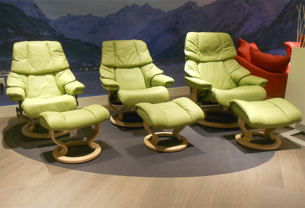 Stressless Vegas Paloma Green Leather Color Recliner Chair and Ottoman from Ekornes