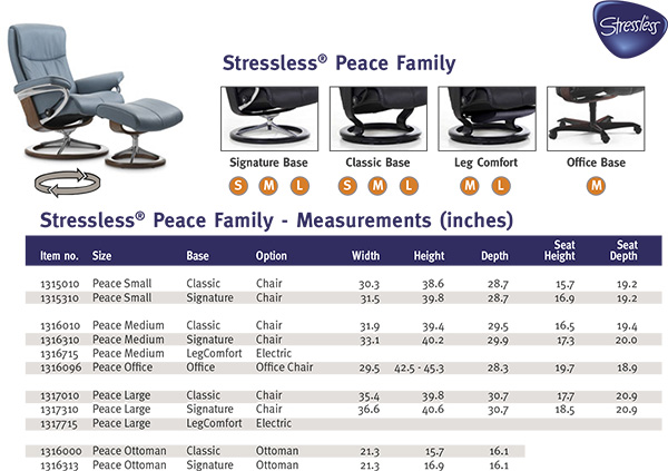 Stressless Peace Recliner Chair and Ottoman Size Dimensions
