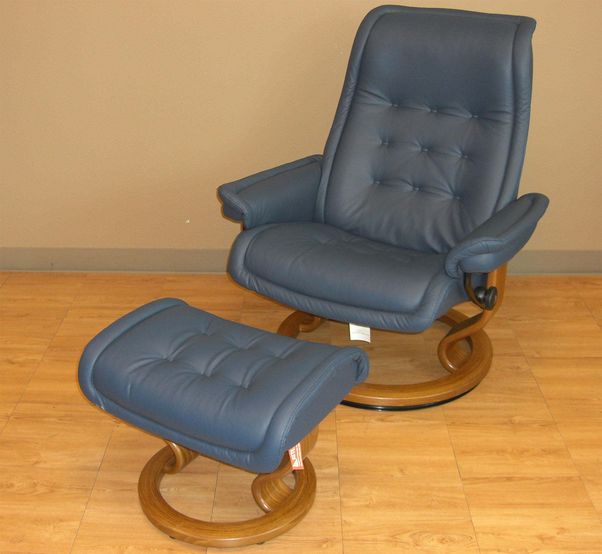 Stressless Paloma Royal Oxford Blue Leather Color Recliner Chair and Ottoman from Ekornes