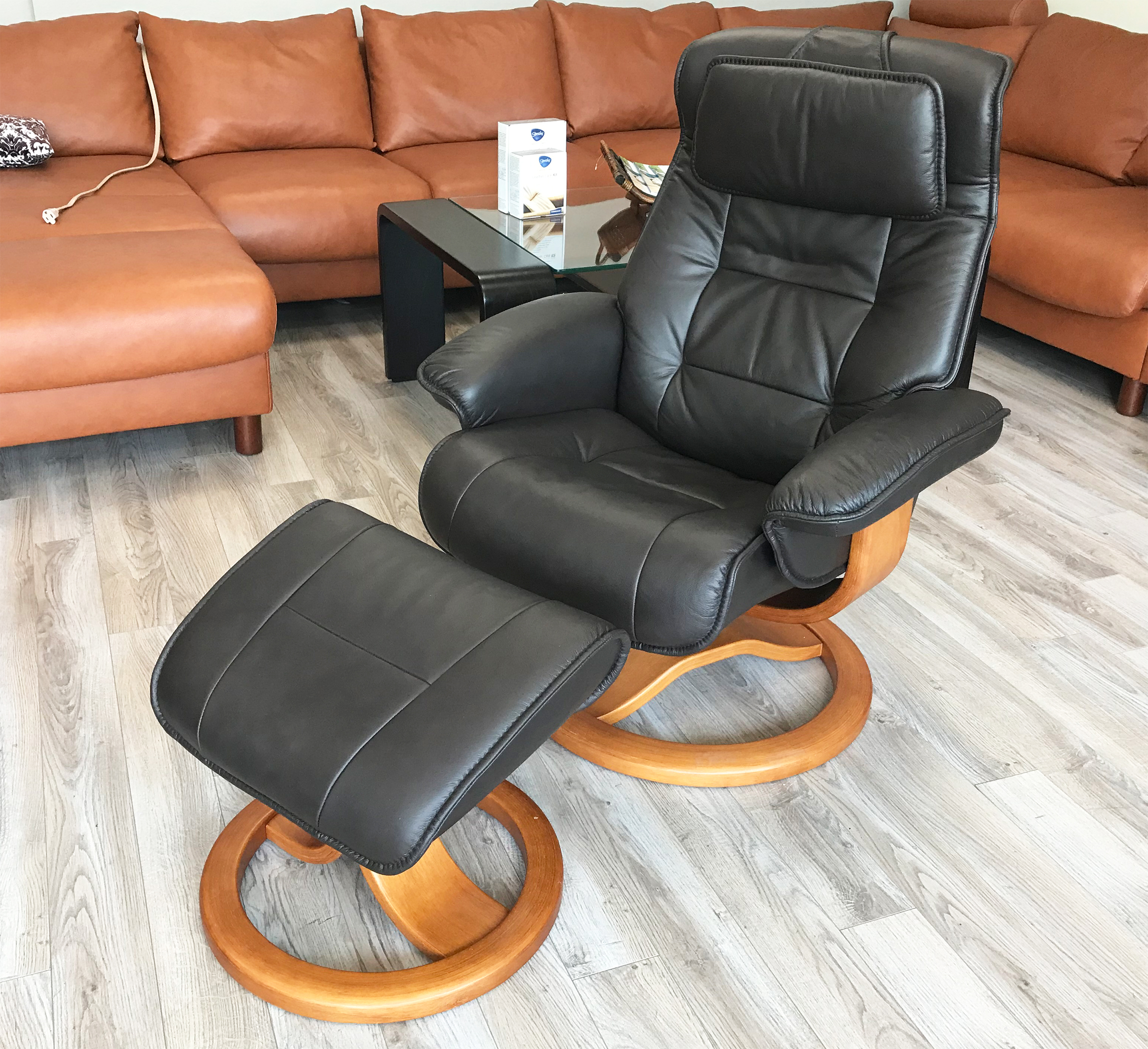 Fjords Mustang Black Leather Recliner Chair and Ottoman