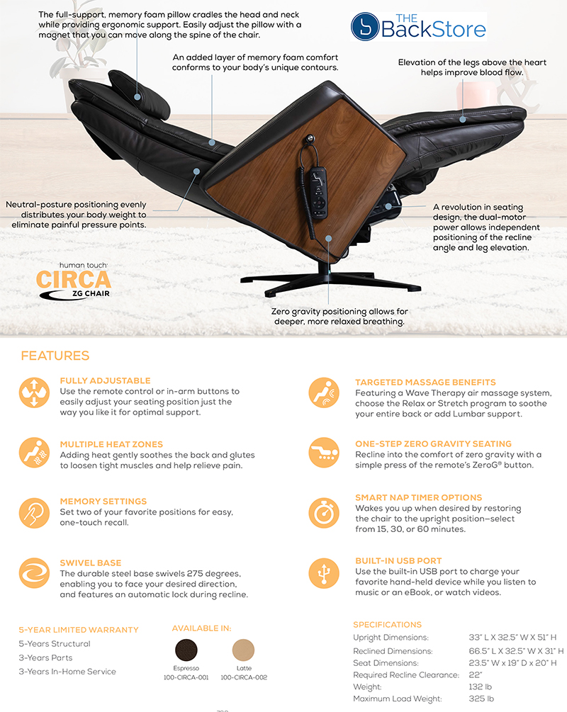 Human Touch Circa ZG Chair Zero Gravity Massage Chair Recliner Features