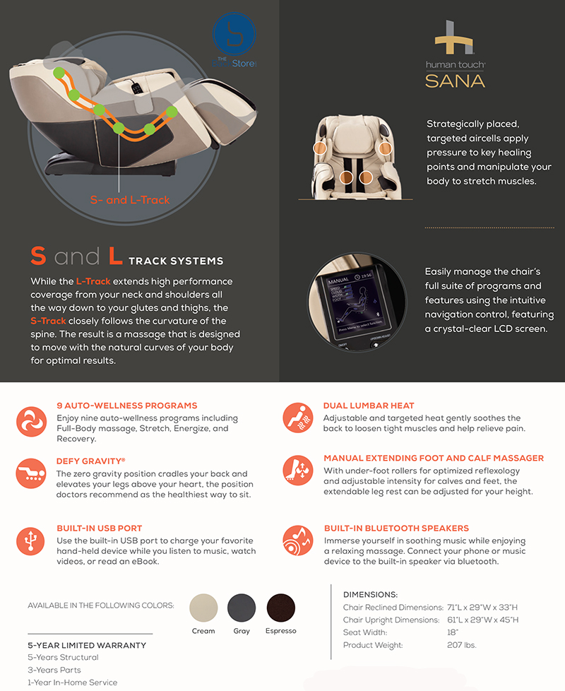 Human Touch Sana Massage Chair Zero Gravity Recliner Features