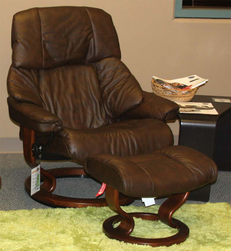 Stressless Vegas Paloma Chocolate Leather Recliner and Ottoman