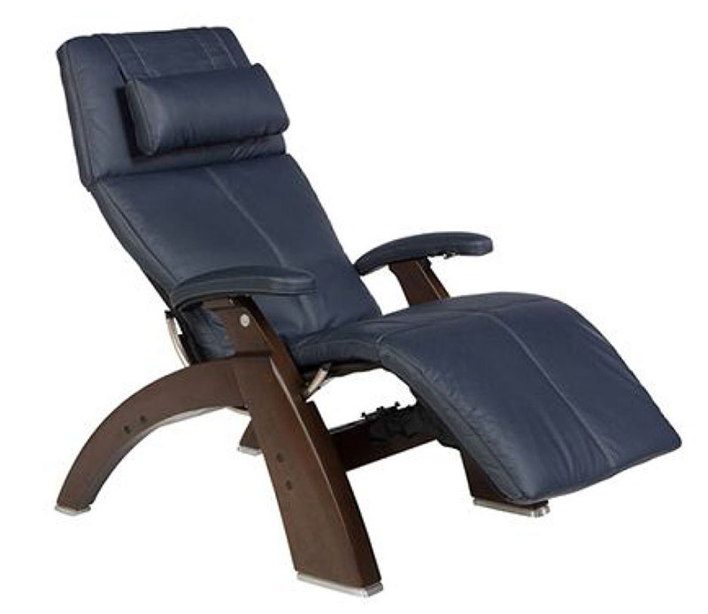 Navy Blue Top Grain Leather Dark Walnut Wood Base Series 2 Classic Perfect Chair Zero Gravity Power Recliner by Human Touch