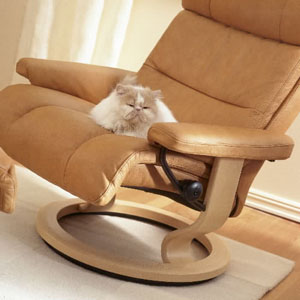 Stressless Memphis Recliner Chair and Ottoman Palom Tan with Natural Wood Base